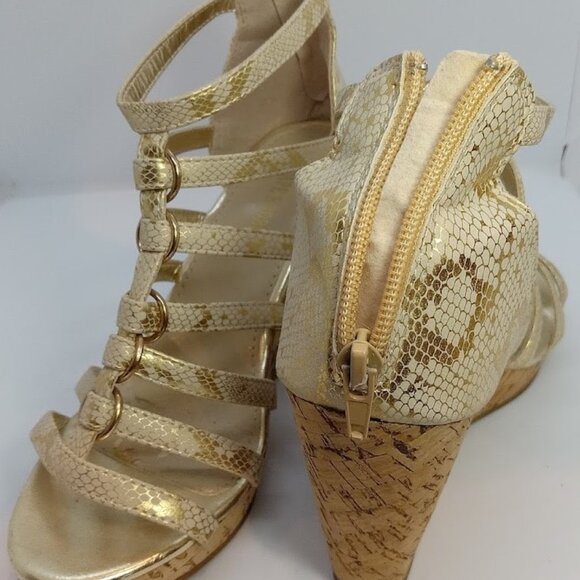 Gold Snakeskin Wedge Sandals - Picture 2 of 3
